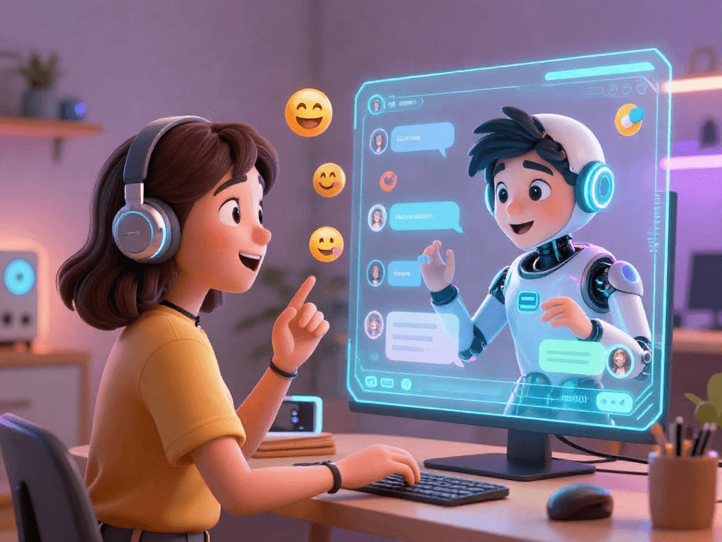 Dynamic virtual scene of characters interacting in a hentai ai chat environment, featuring a futuristic chatbot.