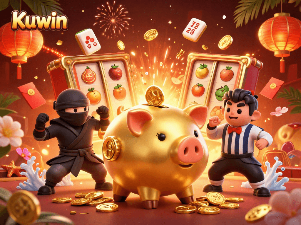 Kuwin's exciting casino scene featuring an enormous golden piggy bank, a wallet-ninja, and dynamic gaming elements.