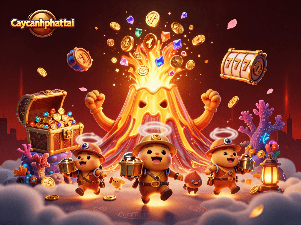 Caycanhphattai showcases a vibrant scene with a golden volcano and treasure-themed imagery for engaging gameplay.