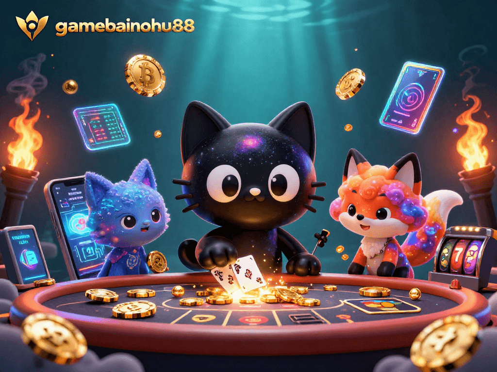 Engage in thrilling gameplay at gamebainohu88 as cartoon characters enjoy a cosmic casino experience filled with slots and Bitcoin rewards.