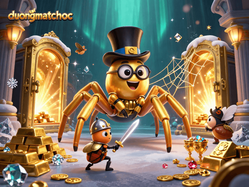 Experience duongmatchuoc with an exciting scene featuring a golden tarantula weaving treasures in a vibrant casino setting.