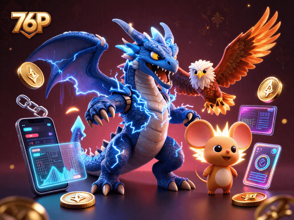 Os personagens do 76P participam de um emocionante jogo de cassino com símbolos e moedas digitais.