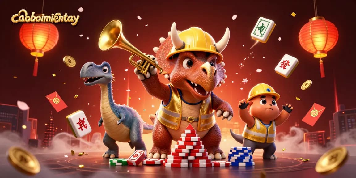 Engage in caoboimientay strategy with a cartoon triceratops building poker chips, showcasing a gambling celebration scene.