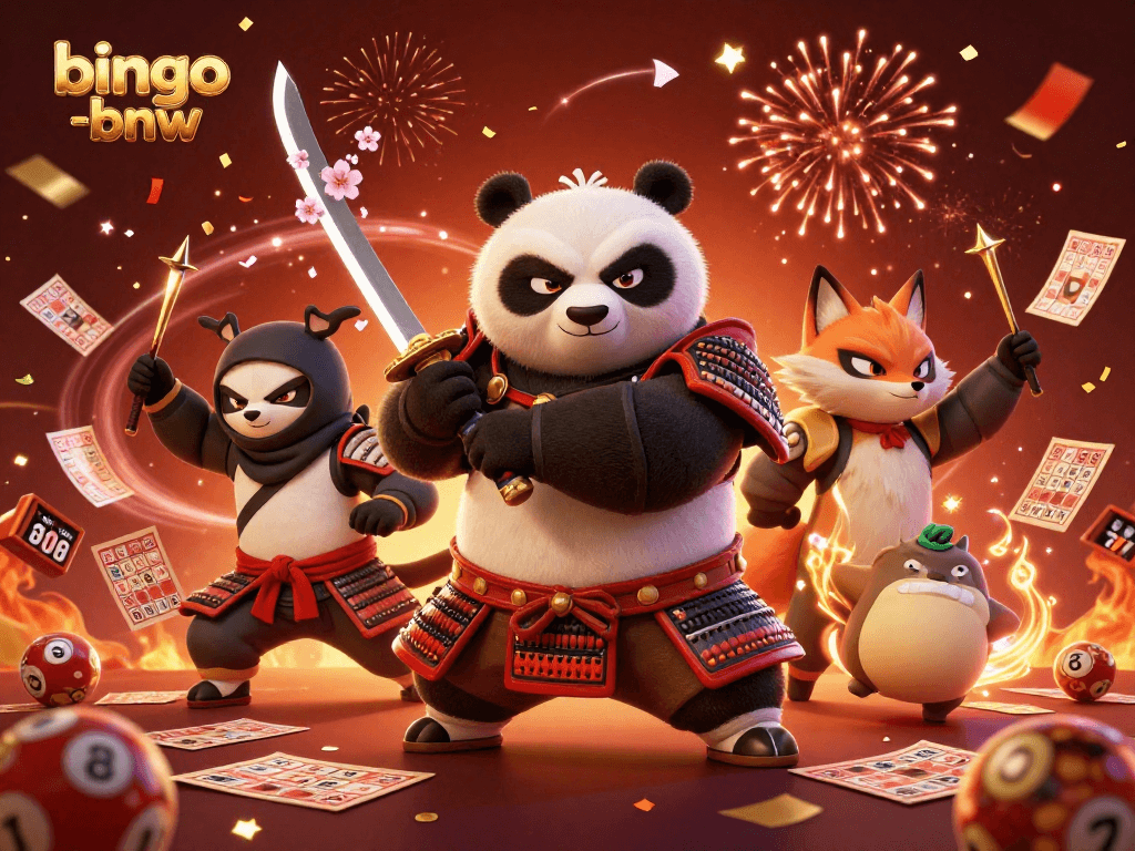 Play big with bingo-bnw as samurai panda and ninja fox flank magical elements in a vibrant casino scene.
