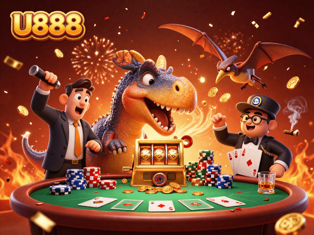 Play exciting casino games and win with U888's vibrant 3D scene of dinosaurs and jackpots.