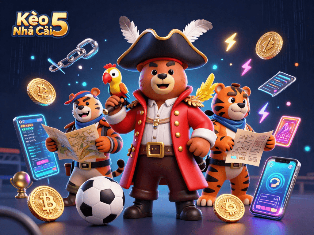 Engage with Kèo Nhà Cái 5's thrilling sports betting scene featuring dynamic 3D characters and vibrant cryptocurrency elements.