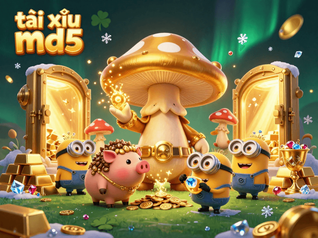Experience tài xỉu md5 gaming magic with a golden mushroom wizard and treasures in this vibrant casino scene.