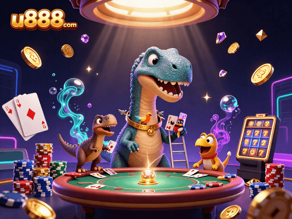 u888com showcases a vibrant casino scene with a brontosaurus and clever raptor dealing cards, surrounded by dynamic game elements.