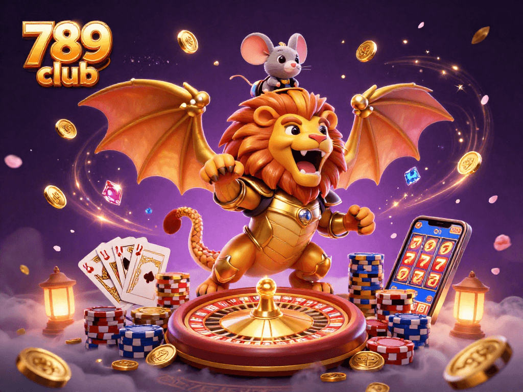 Experience thrilling gaming action at 789 club with a roaring chimera and vibrant casino elements.