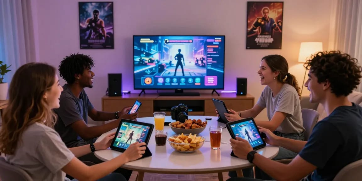 Engaging scene of friends playing online porn games in a modern setting, showcasing social interaction.