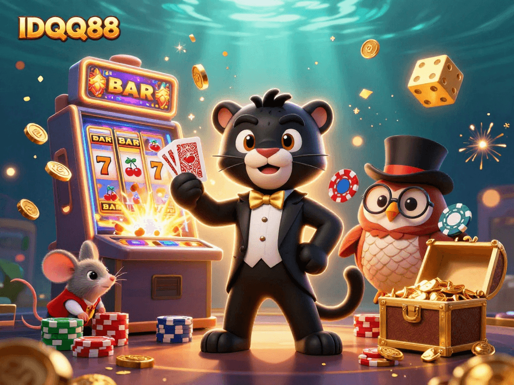 Engage in thrilling IDQQ88 gameplay with stylish casino characters in a vibrant, dynamic scene.