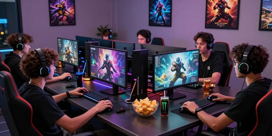 Gacha168 gaming enthusiasts enjoying a vibrant co-op session in an immersive setup.