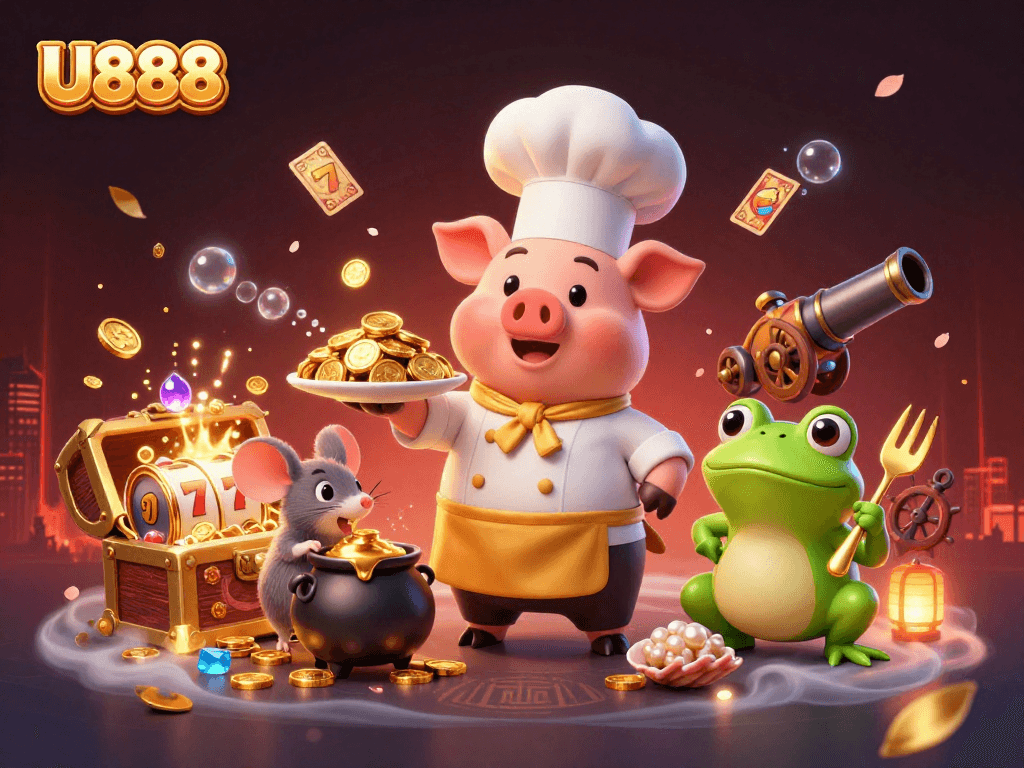 Engage with U888's thrilling games featuring a chef pig serving golden coins amidst vibrant casino elements.