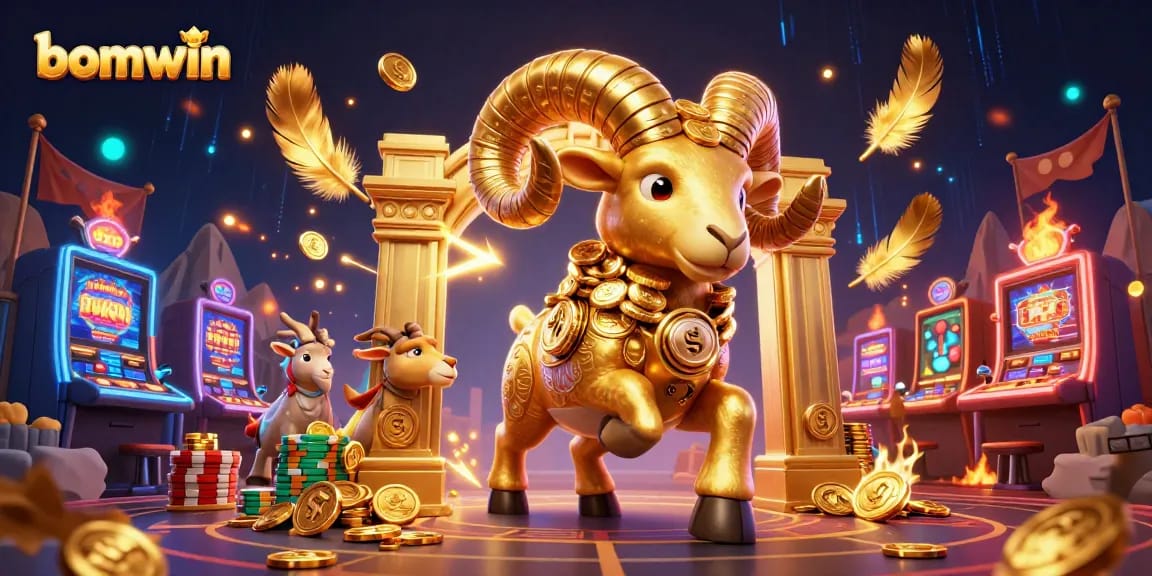 Experience the thrill at bomwin with a dynamic golden ram charging through a vibrant casino scene.