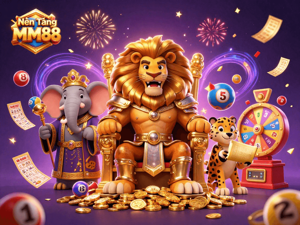 Engaging scene depicting the Nền Tảng MM88, captured in a vibrant 3D illustration featuring a lion king, an elephant advisor, and a cheetah messenger among casino elements.
