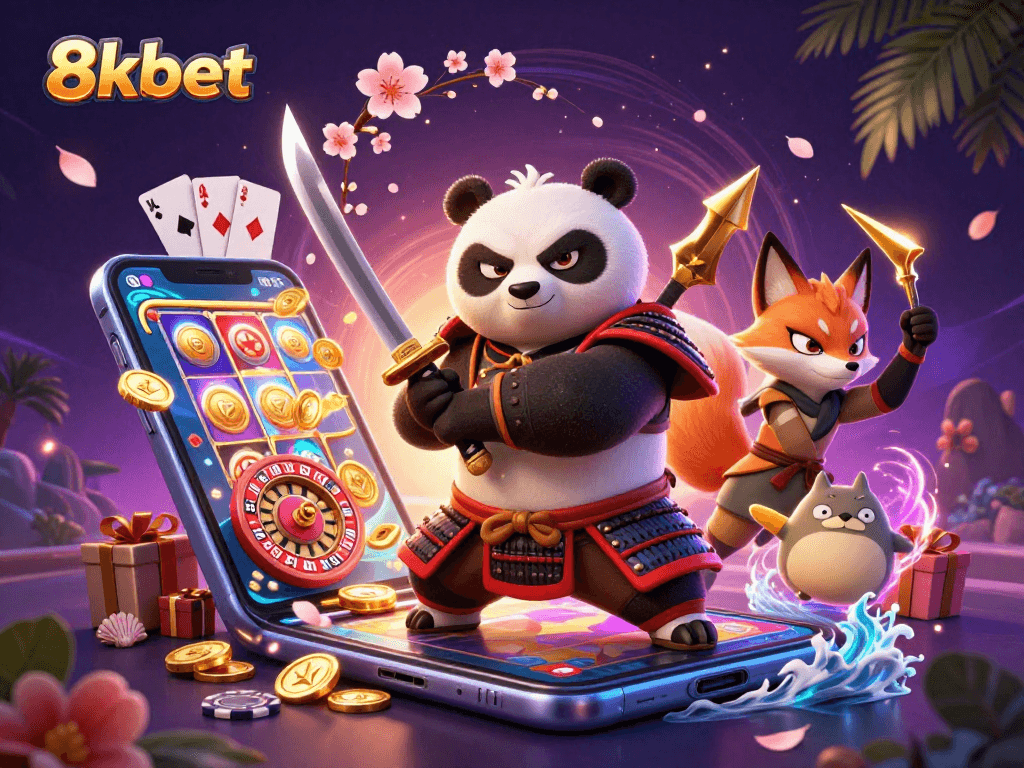 Experience the excitement of 8kbet with dynamic characters and vivid casino elements in this vibrant illustration.