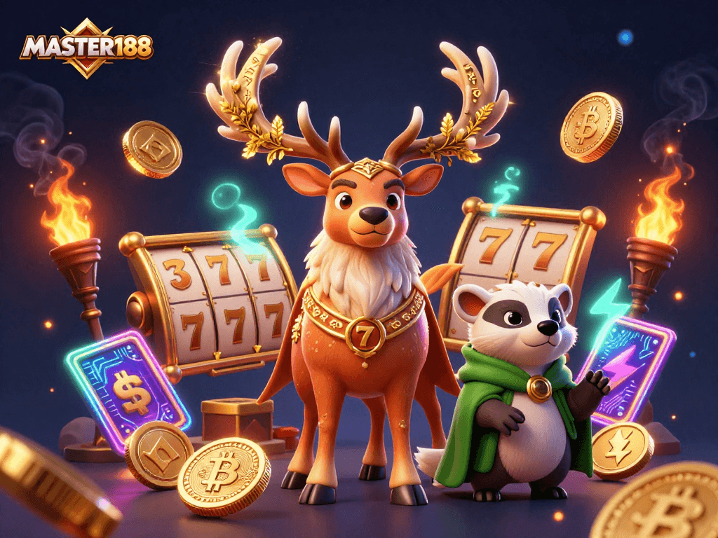 Experience winning slots action with MASTER188, featuring a druid stag, badger, bitcoin coins, and dynamic gaming elements.