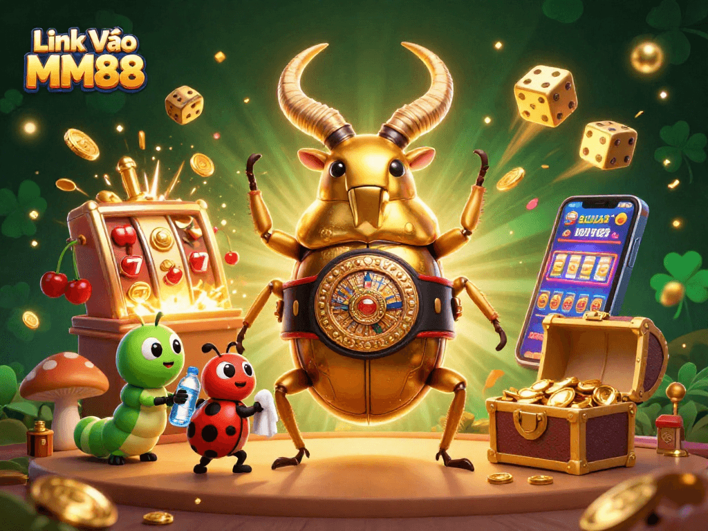 Experience thrilling gameplay and jackpots at MM88 with Link Vào MM88, featuring vibrant casino elements and characters.