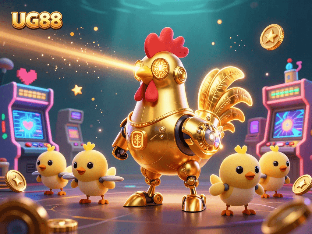 Experience the excitement of UG88 with colorful arcade game machines and a golden rooster robot!