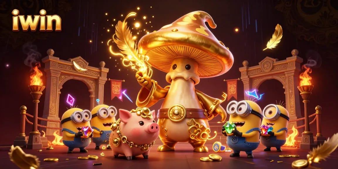Experience the magic of iwin with a golden mushroom wizard and mystical treasures in a vibrant scene.