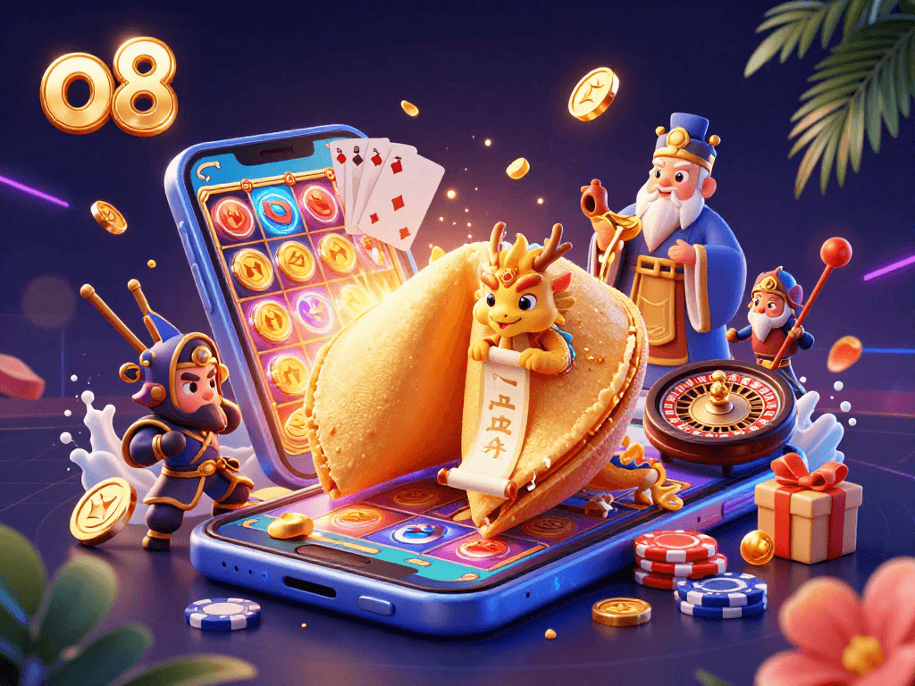 Engage with the vibrant gaming scene at o8, featuring a lucky dragon and fortune cookie among dynamic slot elements.