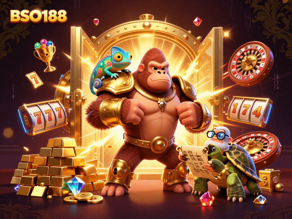 BSO188 combines thrilling slots with vivid characters in a vibrant casino scene, showcasing a dynamic gambling atmosphere.