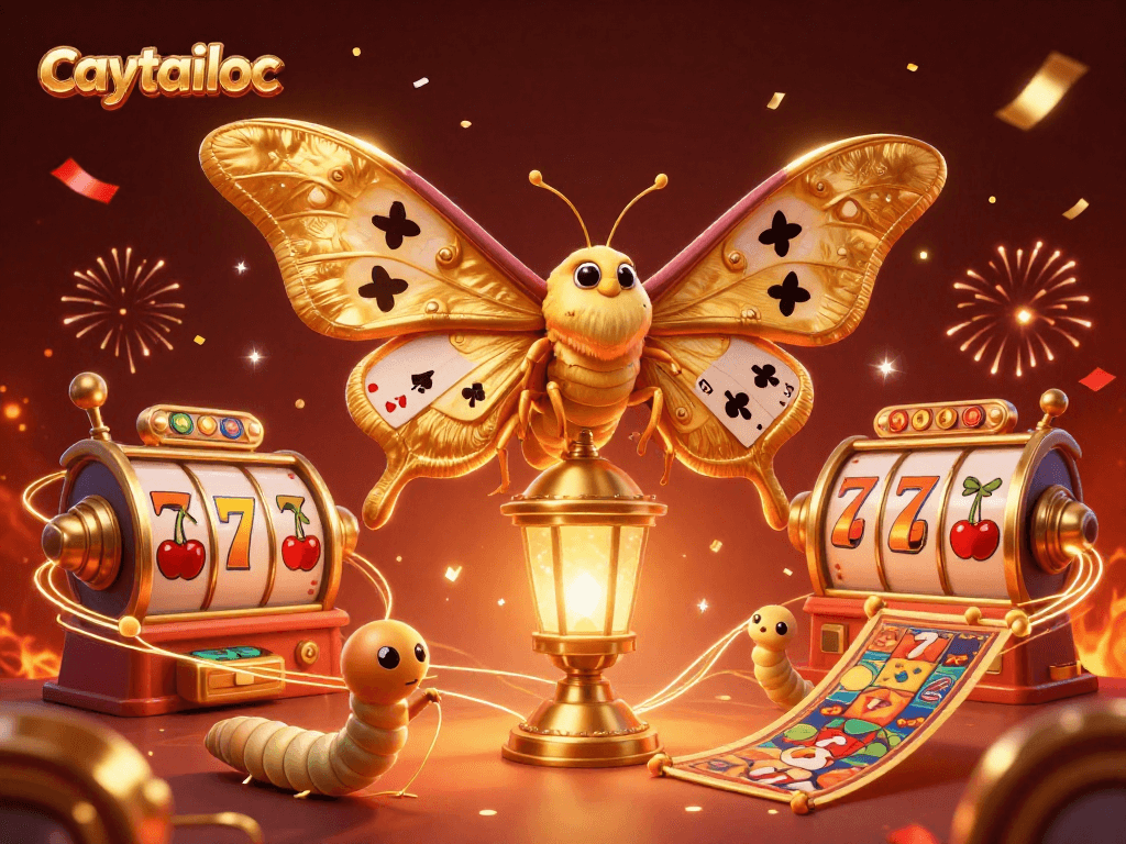Experience thrilling gameplay with caytailoc as the golden wings of the atlas moth reveal winning possibilities amidst vibrant casino scenes.