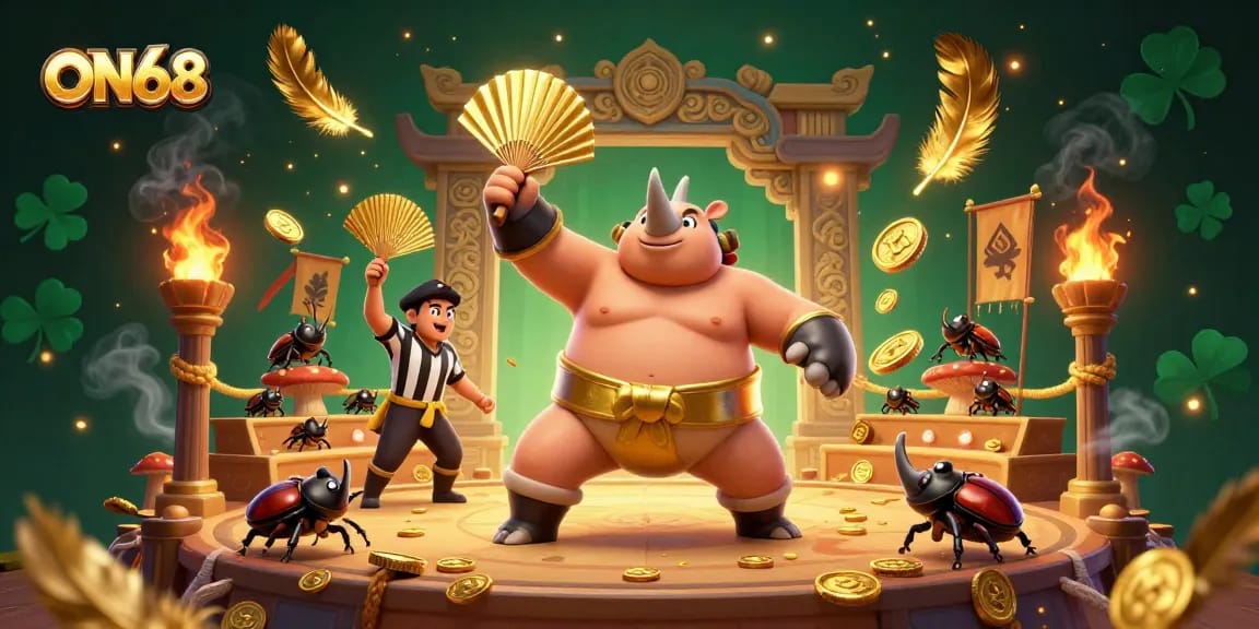Join the excitement at ON68 as the sumo beetle champion stomps, sending gold coins flying in a vibrant casino arena.