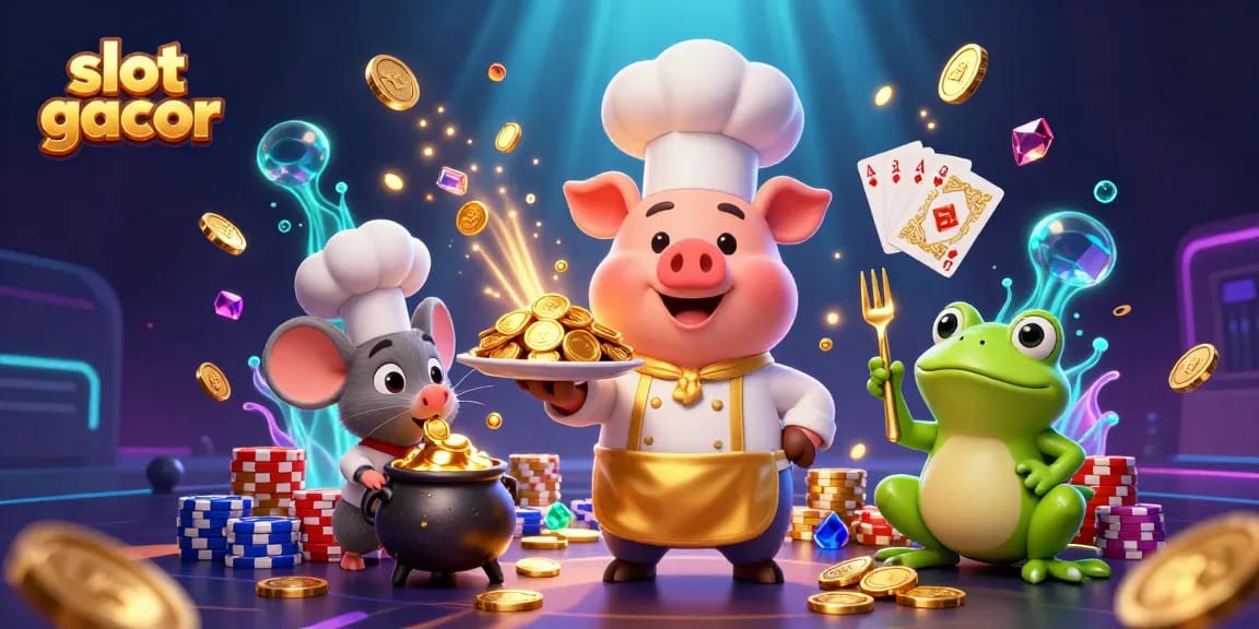 Engage with slot gacor excitement, as chef pig serves golden coins amidst dazzling casino elements.