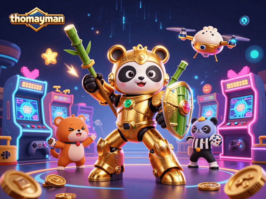 Experience thrilling gameplay in thomayman, featuring vibrant 3D casino elements and a dynamic mech-panda.