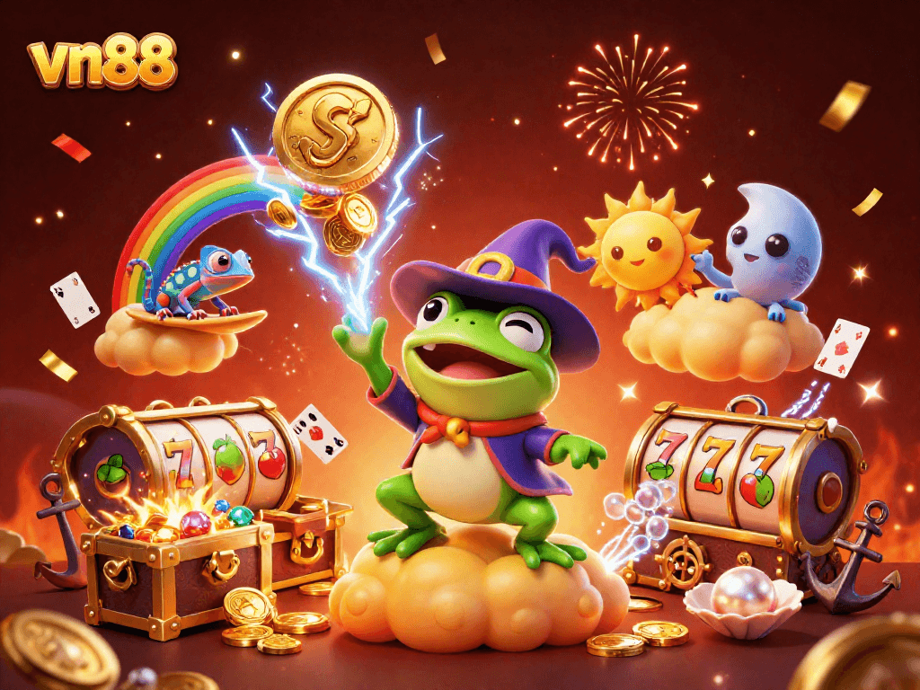 Experience the thrill of vn88's slots with a magical storm of coins and a festive atmosphere.