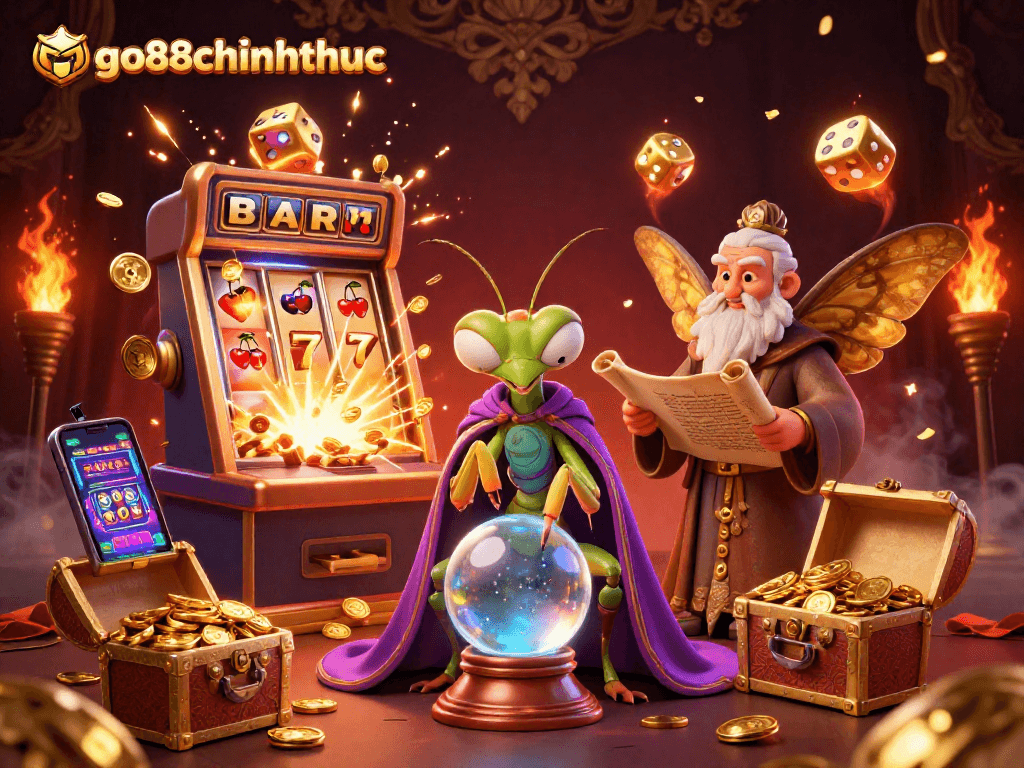 Go88chinhthuc showcases a vibrant casino scene with fortune tellers and slot machines, captivating players.