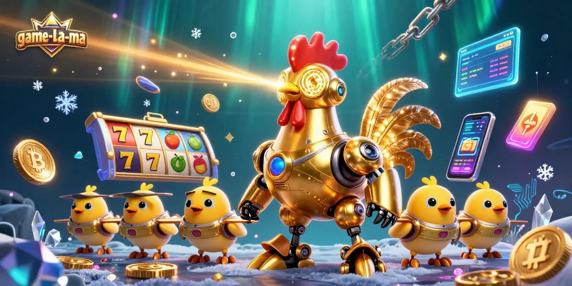 Engage with game-la-ma's thrilling slot experience, featuring a dynamic golden rooster and cute chick drones!