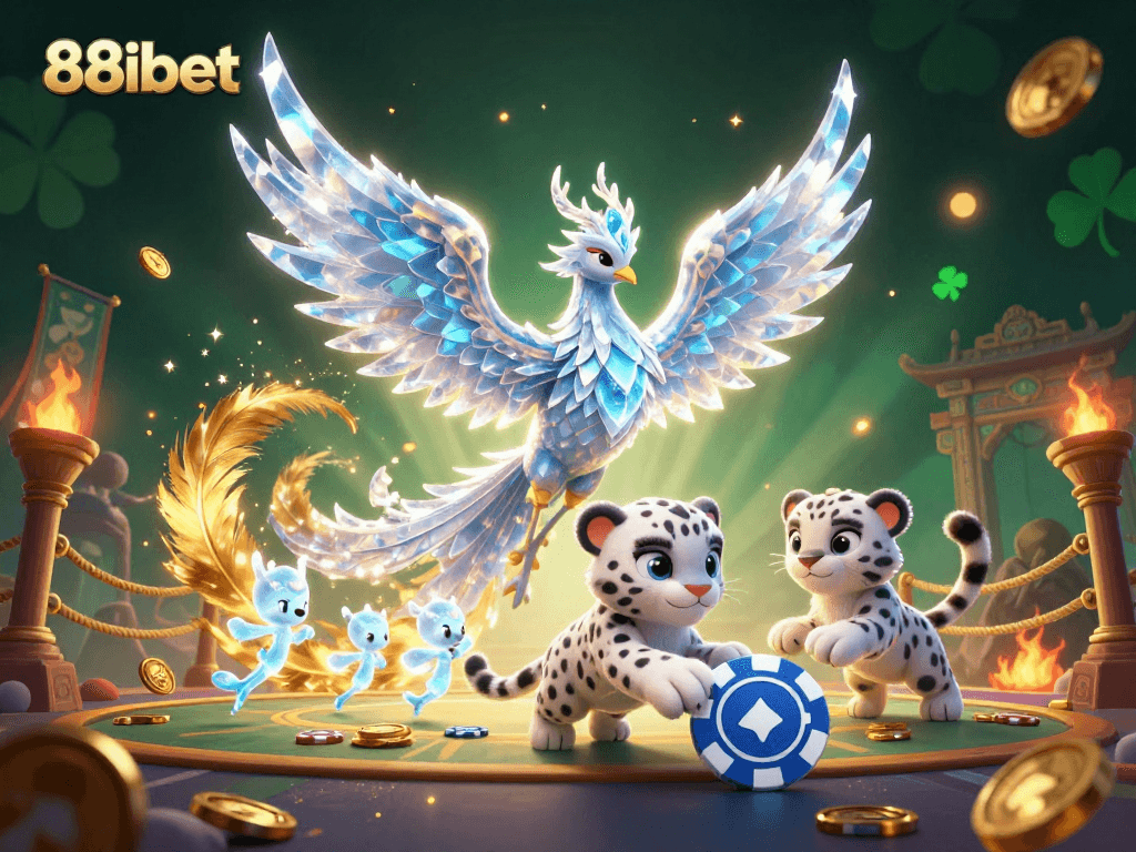 88ibet ignites excitement with an ice phoenix, golden coins, and an ice poker chip.