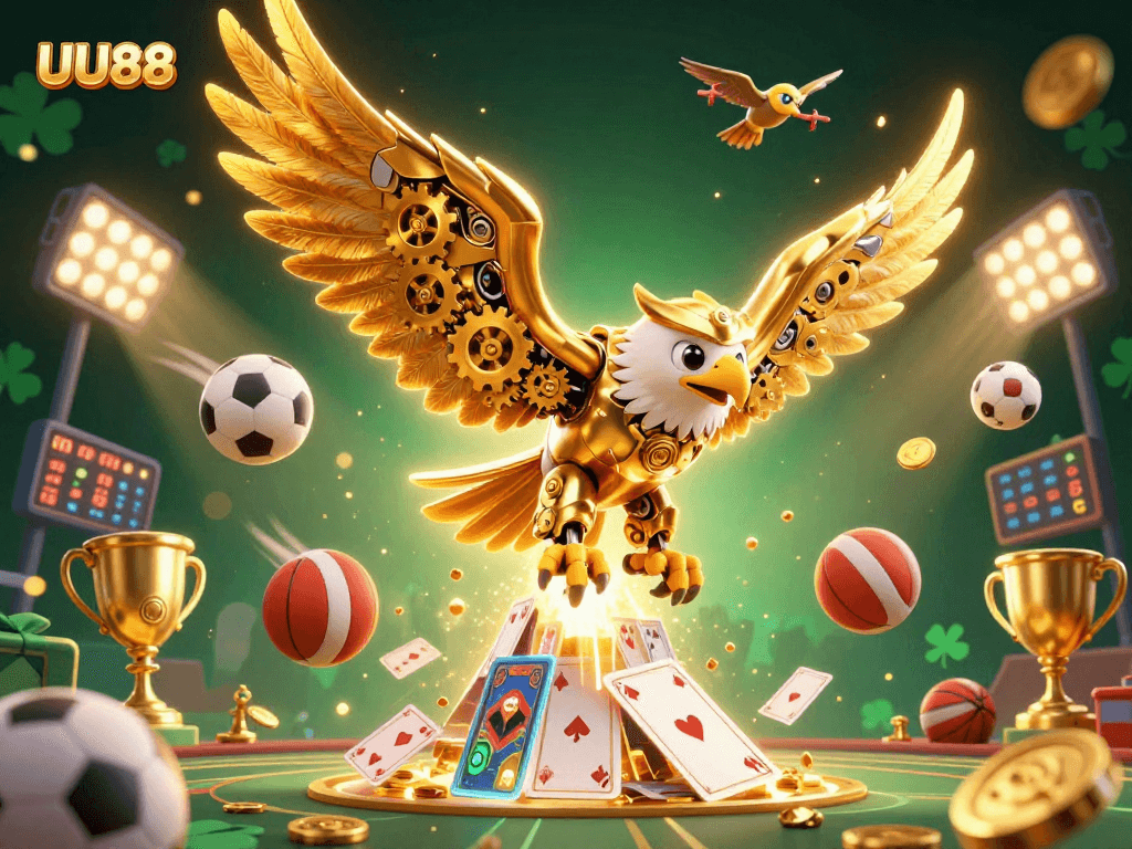Engage in thrilling gambling with UU88, featuring a dynamic scene of a golden eagle and sports elements.