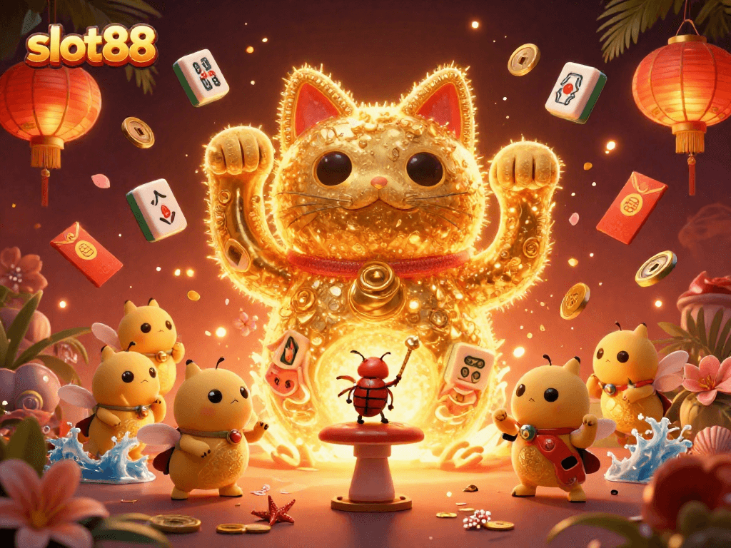 Win big while playing slot88 with a dynamic scene featuring luck, fireflies, and casino symbols.