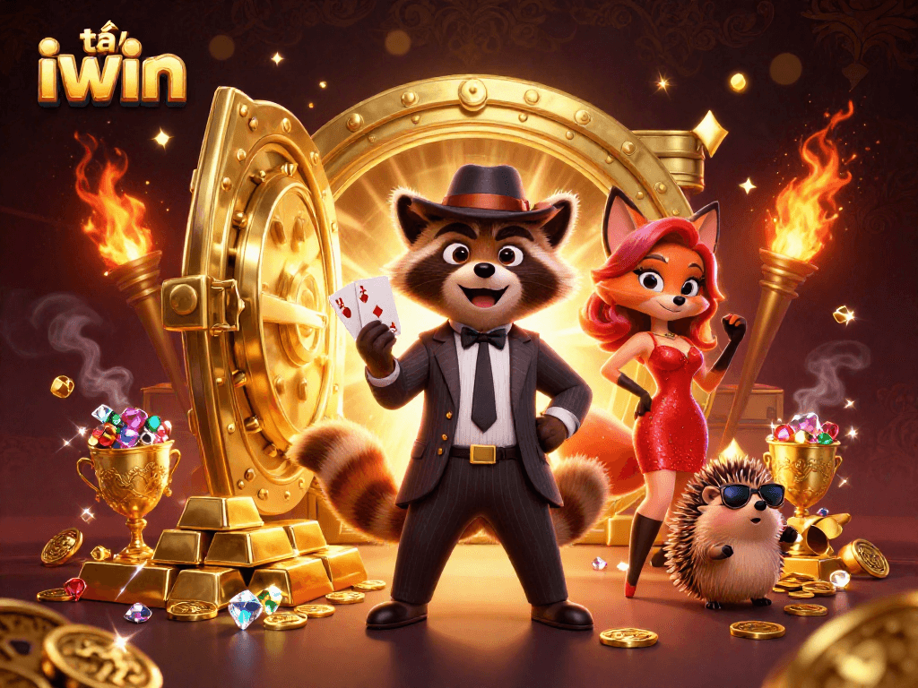 Enhance your game with tải iwin, depicted in a vibrant 3D casino scene featuring charming characters.