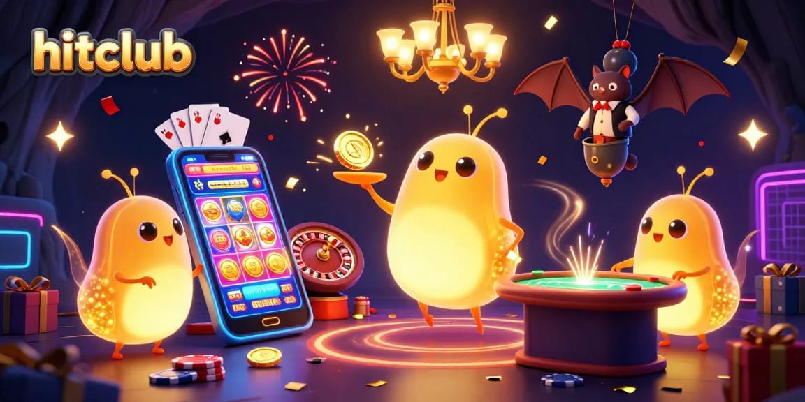 Hitclub glows bright with cartoon glowworms and a bat dealer lighting up the casino scene.