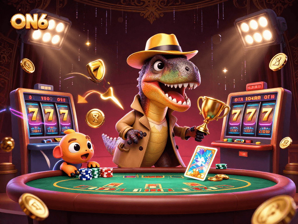 ON68 casino illustration featuring a sneaky velociraptor at a blackjack table, captivated by slot reels and jackpot elements.
