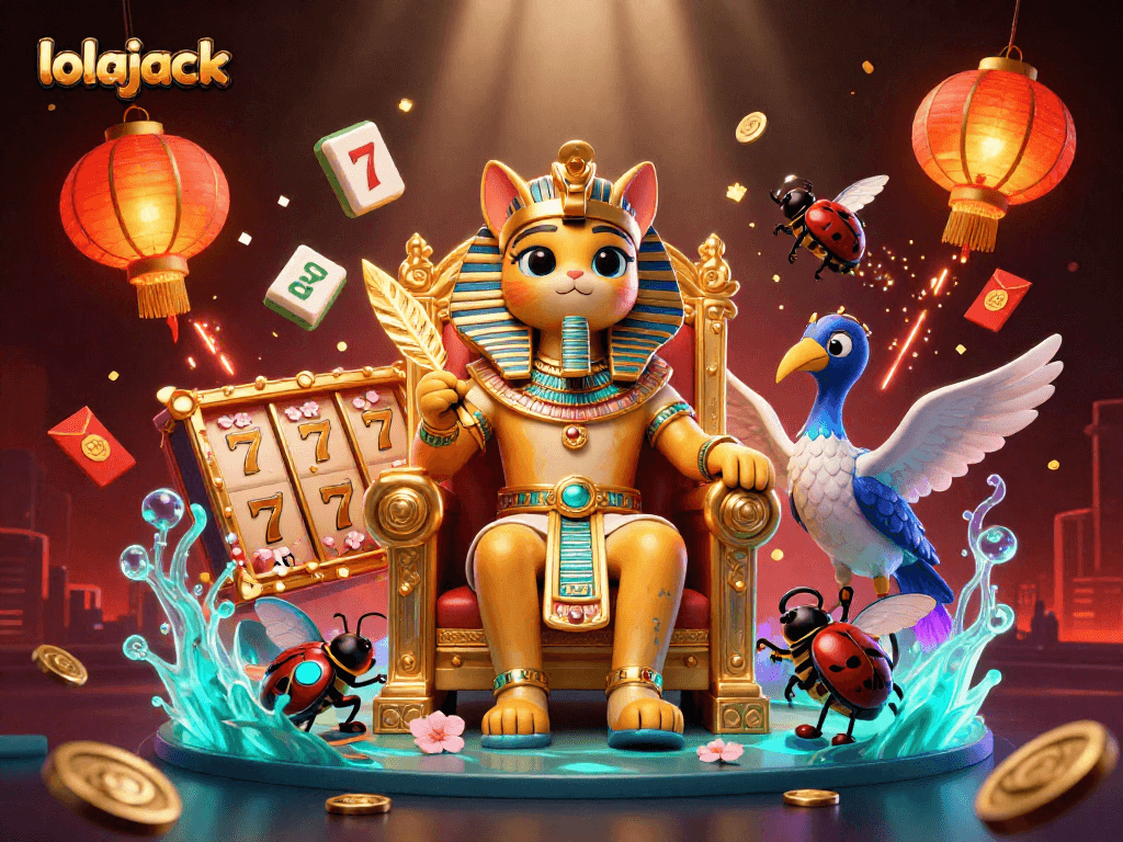 Experience the thrill of lolajack with an Egyptian pharaoh cat and dynamic slot games in a vibrant casino scene.