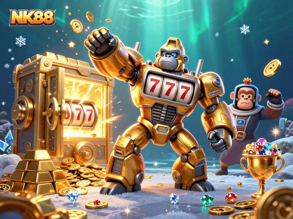 Navigating thrilling jackpots at NK88, featuring a golden gorilla mech bursting with coins and treasures.