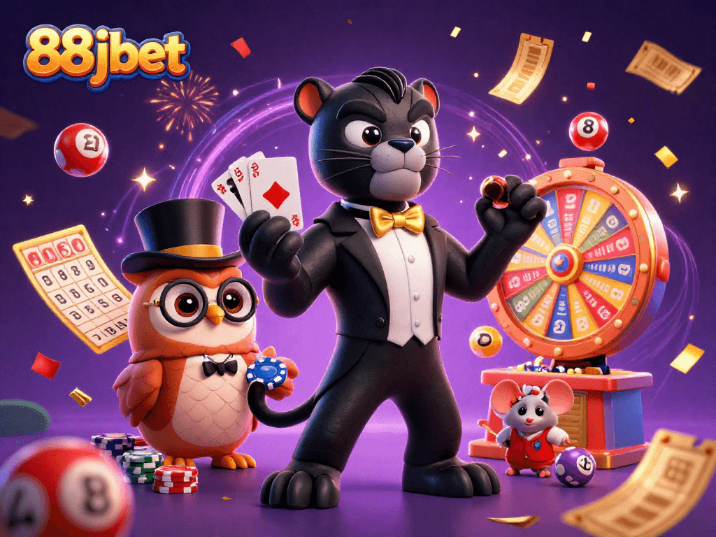 Join the fun at 88jbet with colorful lottery balls, charming characters, and vibrant casino elements.