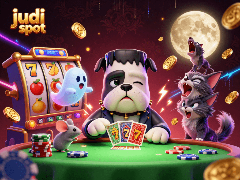 Menggambar aksi judi slot di GACOR123 dengan karakter menarik dan simbol keberuntungan.
