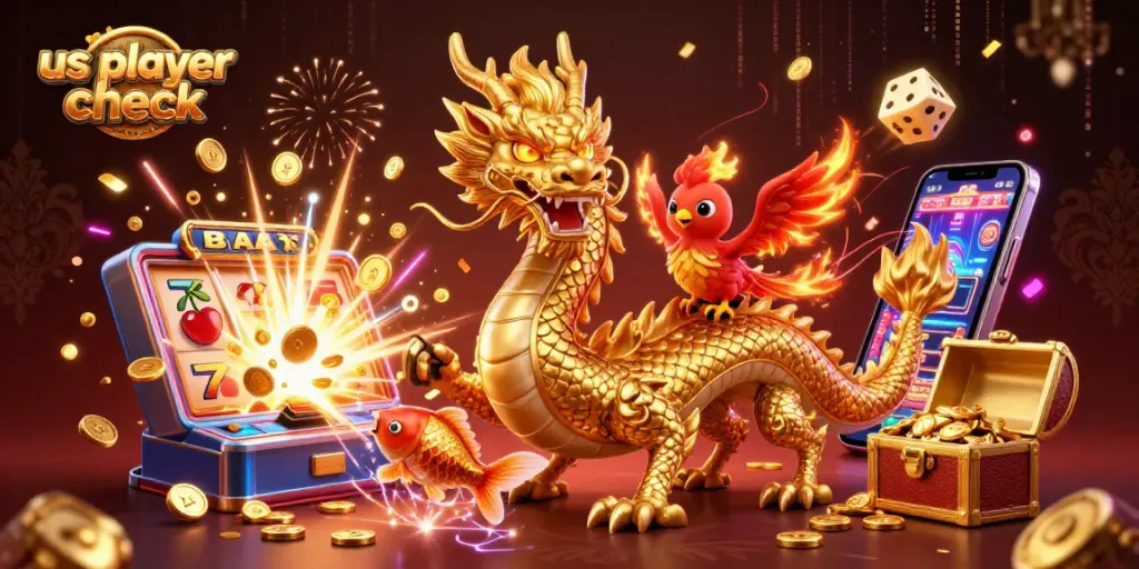 Experience the thrill with the us player check's vibrant casino illustration featuring dragons and jackpot excitement.