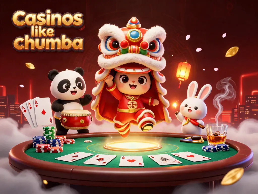 Play and win at casinos like Chumba with a vibrant 3D illustration of a lion dance and poker elements.