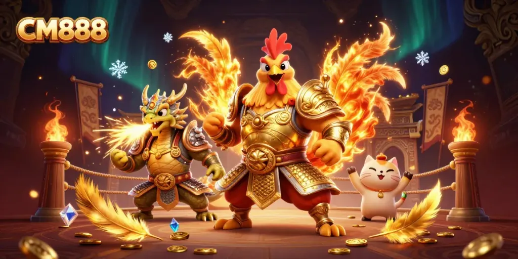 Experience thrilling battles in CM888, showcasing a fearless rooster warrior and a dragon hatchling amidst golden gaming elements.