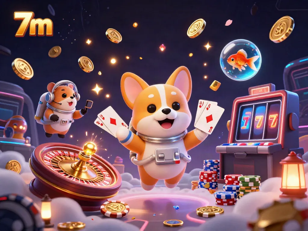 Playful 3D scene of a floating corgi astronaut with golden casino elements, portraying the thrilling world of 7m gambling.