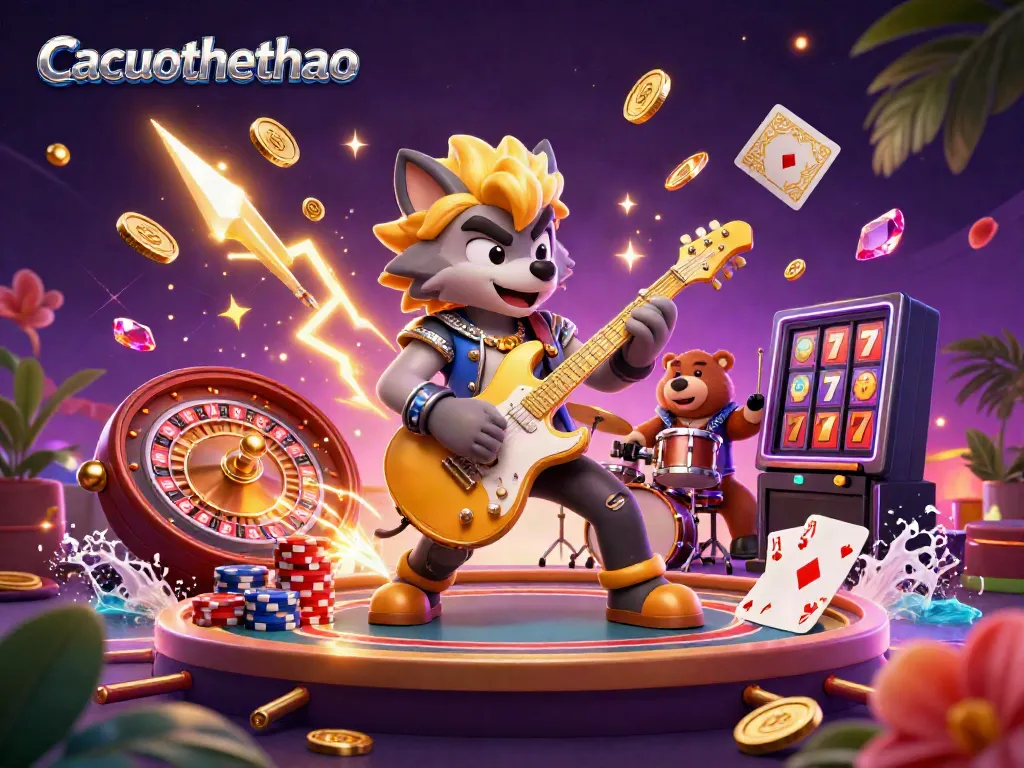 Cacuocthethao showcases vibrant casino scene with a rock star wolf and drummer bear amid golden coins and roulette.