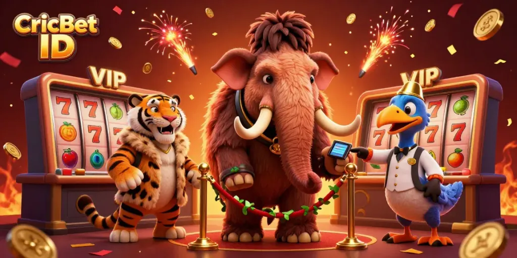 CricBet ID showcases an engaging casino scene with a woolly mammoth checking IDs, surrounded by festive gaming elements.
