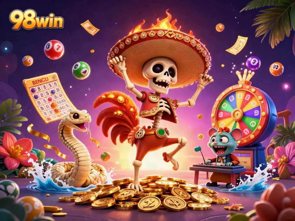 Experience excitement with 98win's animated scene of a festive casino celebration.